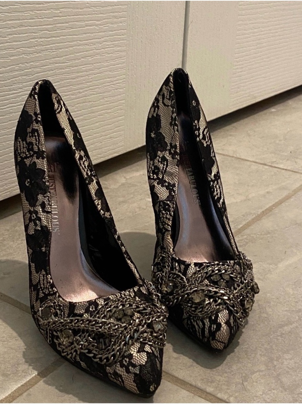 JustFab Black Lace Pointed Pumps with Chain Accent
